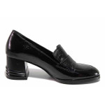 Черни дамски обувки със среден ток, лачена естествена кожа - всекидневни обувки за пролетта и есента N 100020418