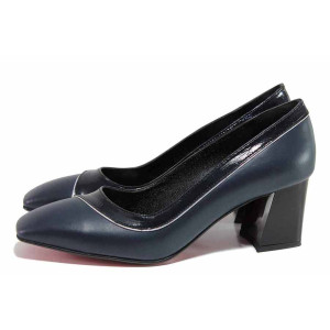 Сини дамски обувки със среден ток, естествена кожа и лачена естествена кожа  - официални обувки за целогодишно ползване N 100020419