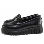 Черна анатомични дамски обувки с равна подметка, естествена кожа - всекидневни обувки за пролетта и есента N 100020429