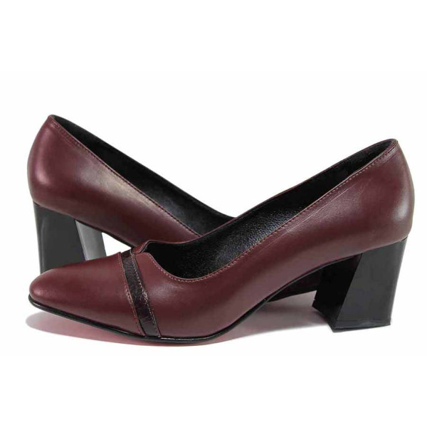 Винени дамски обувки със среден ток, естествена кожа - официални обувки за целогодишно ползване N 100020442