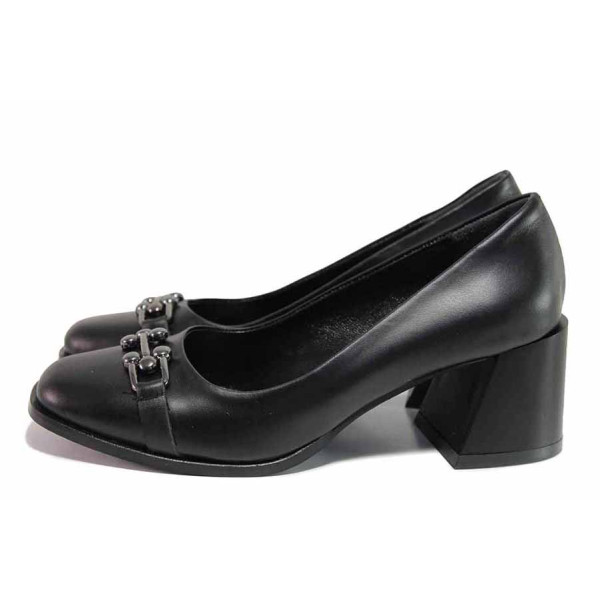 Черни дамски обувки със среден ток, естествена кожа - всекидневни обувки за целогодишно ползване N 100020553