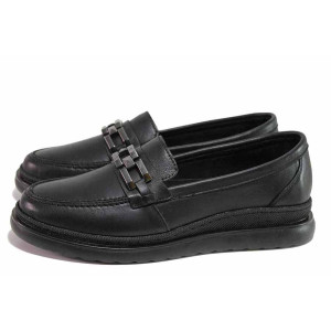 Черна анатомични дамски обувки с равна подметка, естествена кожа - всекидневни обувки за пролетта и есента N 100020677