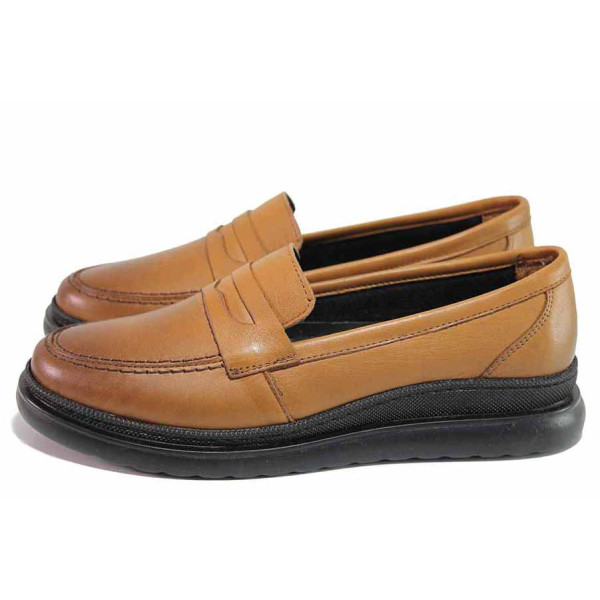 Кафяви анатомични дамски обувки с равна подметка, естествена кожа - всекидневни обувки за есента и зимата N 100020731