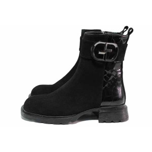 Черни дамски боти, естествен велур с лачена кожа, анатомични - всекидневни обувки за есента и зимата N 100021096