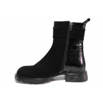 Черни дамски боти, естествен велур с лачена кожа, анатомични - всекидневни обувки за есента и зимата N 100021096