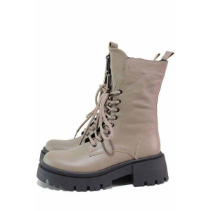 Бежови дамски ботуши, естествена кожа - всекидневни обувки за есента и зимата N 100021112