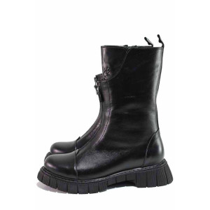 Черни дамски боти, естествена кожа - ежедневни обувки за есента и зимата N 100021189