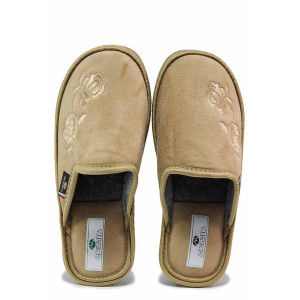 Бежови анатомични домашни чехли, текстилна материя - ежедневни обувки за есента и зимата N 100020386