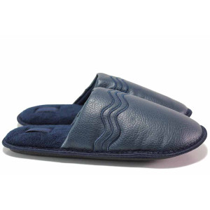 ТъмноСини анатомични домашни чехли, здрава еко-кожа - ежедневни обувки за есента и зимата N 100020478