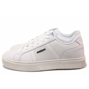 Бели мъжки маратонки, здрава еко-кожа - спортни кецове за пролетта и лятото N 100019825