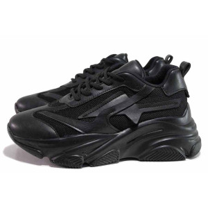 Черни анатомични дамски маратонки, еко-кожа и текстилна материя - спортни обувки за пролетта и лятото N 100019853