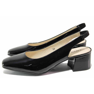 Черни анатомични дамски обувки със среден ток, лачена естествена кожа - ежедневни обувки за пролетта и лятото N 100019188