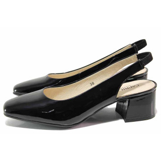 Черни анатомични дамски обувки със среден ток, лачена естествена кожа - ежедневни обувки за пролетта и лятото N 100019188