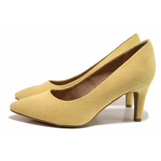 Жълти анатомични дамски обувки с висок ток, качествен еко-велур - елегантни обувки за целогодишно ползване N 100019814