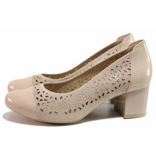 Бежови анатомични дамски обувки със среден ток, естествена кожа - всекидневни обувки за пролетта и лятото N 100019894