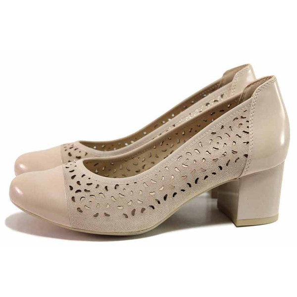 Бежови анатомични дамски обувки със среден ток, естествена кожа - всекидневни обувки за пролетта и лятото N 100019894