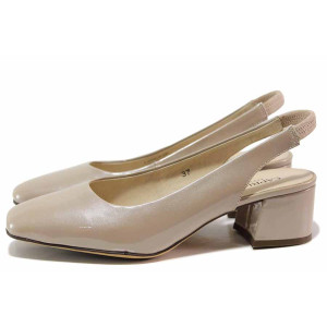 Бежови анатомични дамски обувки със среден ток, лачена естествена кожа - ежедневни обувки за пролетта и лятото N 100019934