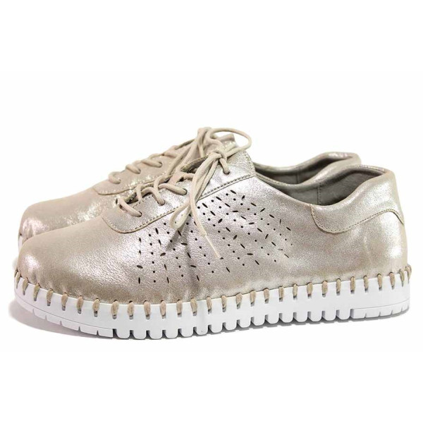 Бежови дамски обувки с равна подметка, естествена кожа перфорирана - ежедневни обувки за пролетта и лятото N 100019951