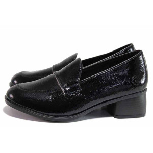 Черни анатомични дамски обувки със среден ток, лачена еко кожа - всекидневни обувки за пролетта и есента N 100020385