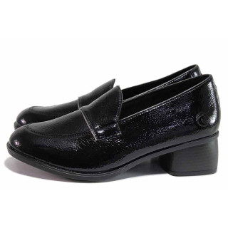Черни анатомични дамски обувки със среден ток, лачена еко кожа - всекидневни обувки за пролетта и есента N 100020385