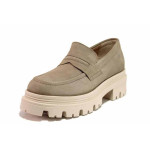 Бежови анатомични анатомични дамски обувки с равна подметка, естествен набук - всекидневни обувки за пролетта и есента N 100020435