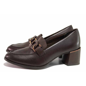 Кафяви анатомични дамски обувки със среден ток, естествена кожа - ежедневни обувки за пролетта и есента N 100020438