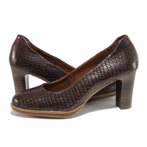 Кафяви анатомични дамски обувки с висок ток, естествена кожа с крокодилска шарка - елегантни обувки за пролетта и есента N 100020440