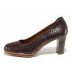 Кафяви анатомични дамски обувки с висок ток, естествена кожа с крокодилска шарка - елегантни обувки за пролетта и есента N 100020440