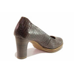 Кафяви анатомични дамски обувки с висок ток, естествена кожа с крокодилска шарка - елегантни обувки за пролетта и есента N 100020440