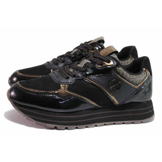 Черна анатомични дамски обувки с равна подметка, еко-кожа и текстилна материя - спортни обувки за пролетта и есента N 100020648