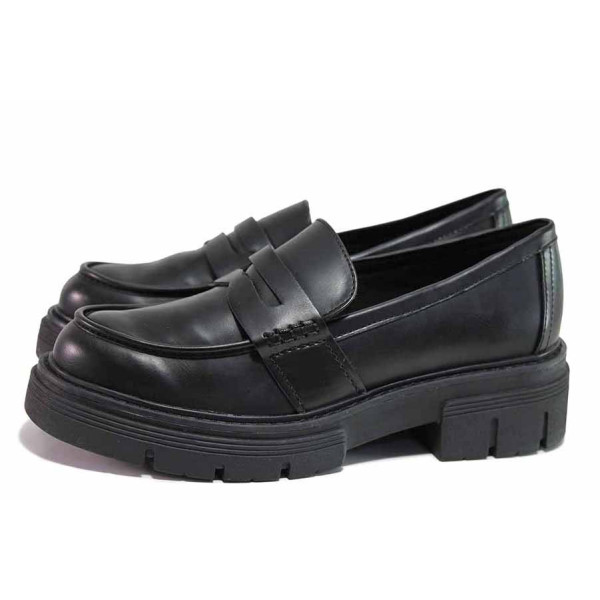 Черна анатомични дамски обувки с равна подметка, здрава еко-кожа - всекидневни обувки за пролетта и есента N 100020661