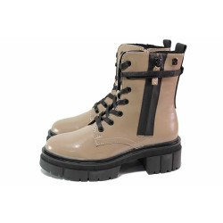 Бежови анатомични дамски боти, лачена еко кожа - ежедневни обувки за есента и зимата N 100020836