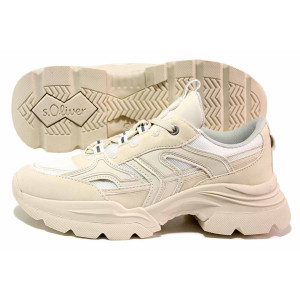 Бежови дамски маратонки, анатомични, еко-кожа и текстилна материя - спортни обувки за пролетта и есента N 100021257