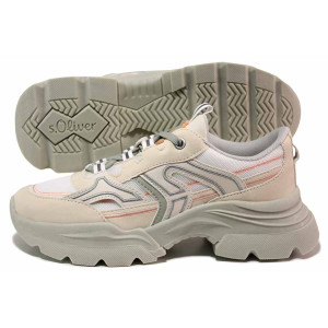 Бежови дамски маратонки, анатомични, еко-кожа и текстилна материя - спортни обувки за пролетта и есента N 100021258