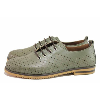 Зелени дамски обувки с равна подметка, естествена кожа перфорирана - всекидневни обувки за пролетта и лятото N 100021429