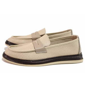 Бежови дамски мокасини, естествена кожа перфорирана - всекидневни обувки за пролетта и лятото N 100021431