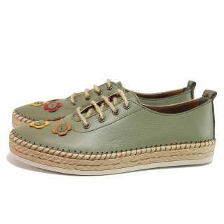 Зелени анатомични дамски обувки с равна подметка, естествена кожа - ежедневни обувки за пролетта и лятото N 100021434