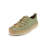 Зелени анатомични дамски обувки с равна подметка, естествена кожа - ежедневни обувки за пролетта и лятото N 100021434