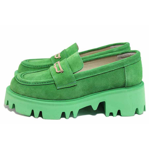 Зелени дамски мокасини, естествен велур - всекидневни обувки за пролетта и лятото N 100021456