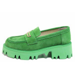Зелени дамски мокасини, естествен велур - всекидневни обувки за пролетта и лятото N 100021456
