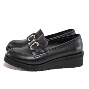 Черни анатомични дамски мокасини, естествена кожа - всекидневни обувки за пролетта и лятото N 100021458