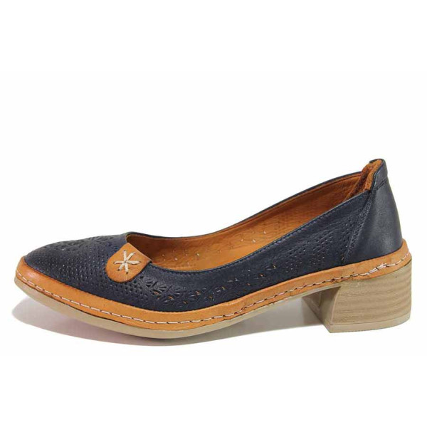 Тъмносини анатомични дамски обувки със среден ток, естествена кожа перфорирана - ежедневни обувки за пролетта и лятото N 100021487