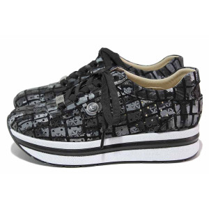 Черни дамски обувки с платформа, естествена кожа перфорирана - всекидневни обувки за пролетта и лятото N 100021490