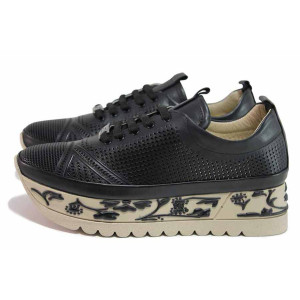 Черни дамски обувки с платформа, естествена кожа перфорирана - ежедневни обувки за пролетта и лятото N 100021491