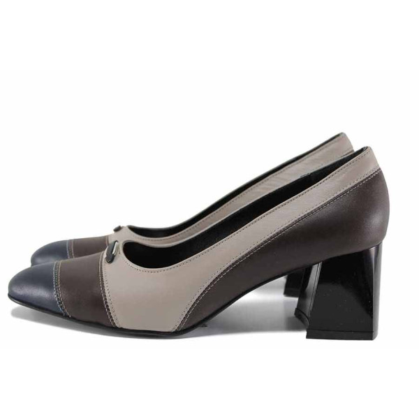 Бежови дамски обувки със среден ток, естествена кожа - официални обувки за целогодишно ползване N 100021651