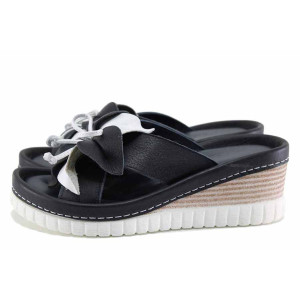 Тъмносини дамски чехли, естествена кожа - всекидневни обувки за лятото N 100022068