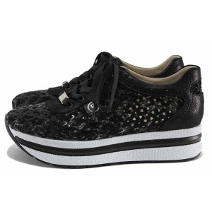 Черни дамски обувки с равна подметка, естествена кожа перфорирана - елегантни обувки за пролетта и лятото N 100022150