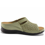 Анатомични зелени дамски чехли, естествена кожа перфорирана - всекидневни обувки за лятото N 100022155
