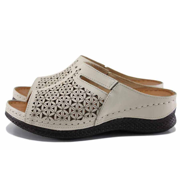 Анатомични бежови дамски чехли, естествена кожа перфорирана - ежедневни обувки за лятото N 100022156