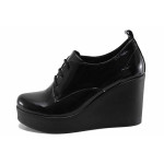 Черни дамски обувки с платформа, анатомични, лачена естествена кожа - ежедневни обувки за есента и зимата N 100022252